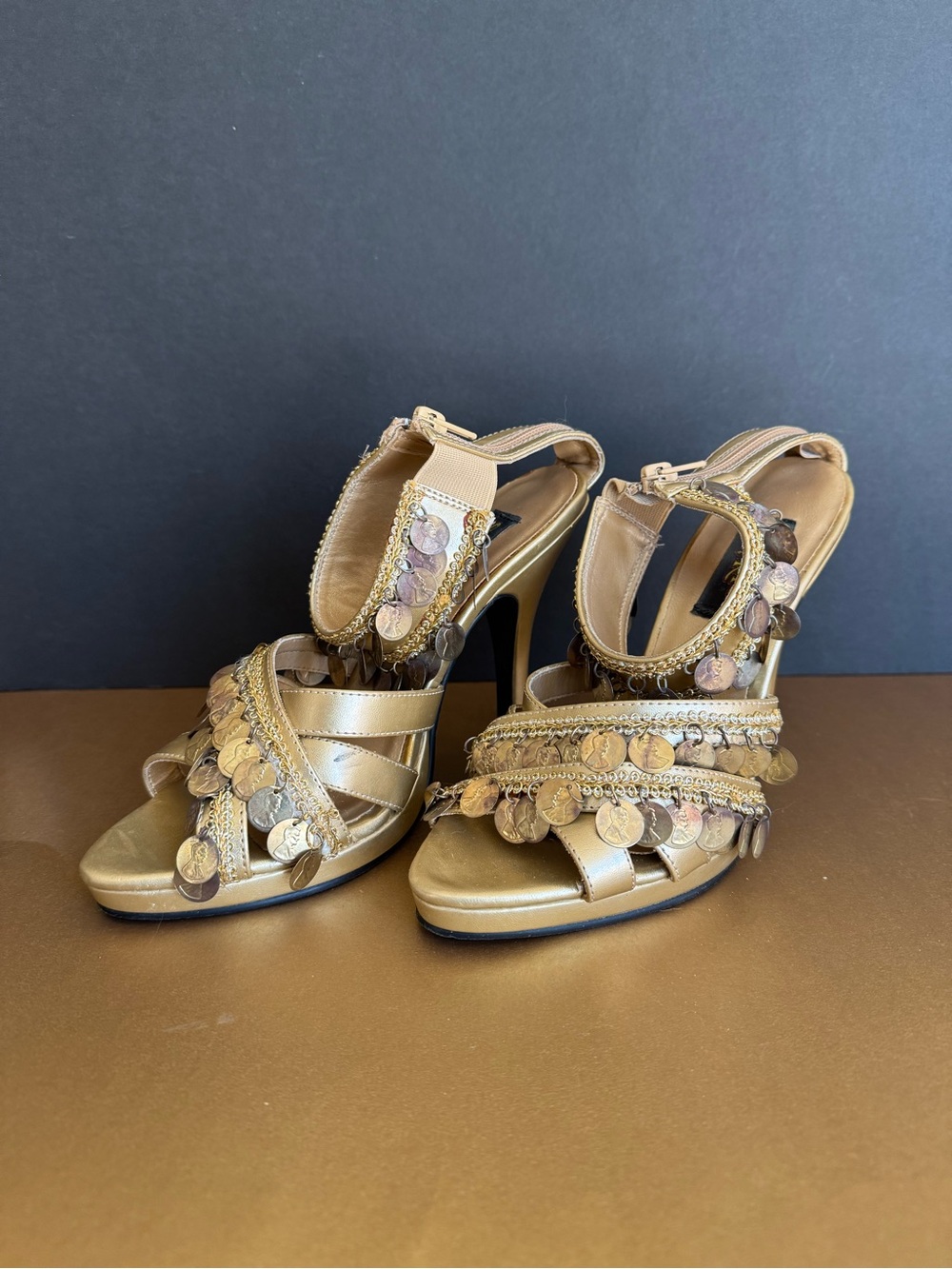 Spirit Halloween Gypsy Gold PU Coin Trim Strappy Heels Sandals Costume Shoe